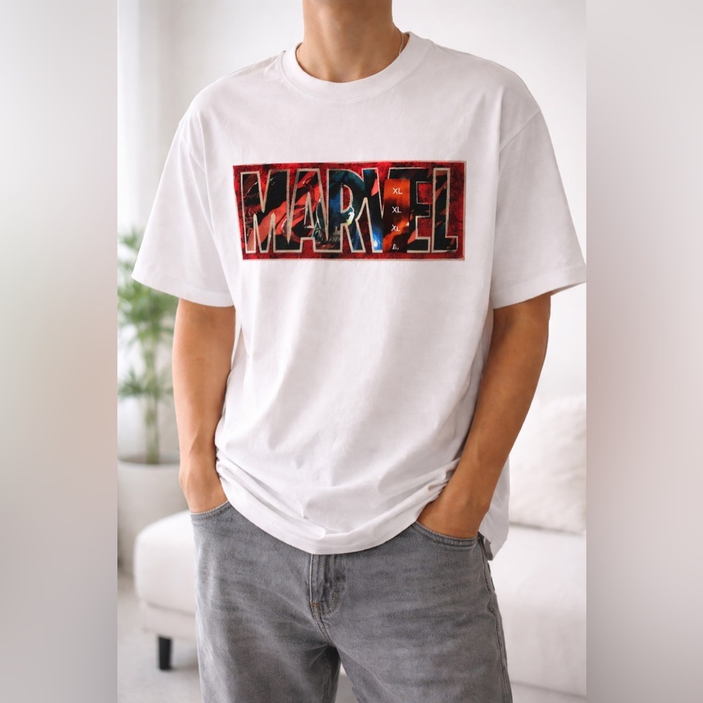 🦸 Marvel Logo Graphic T Shirt XL White Comic Superhero Tee NWT Streetwear✨